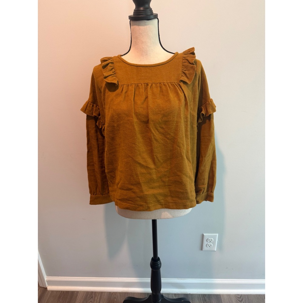 Masscob La Coruña Mustard Brown Ruffle Cotton Linen Blouse Top Womens size Small